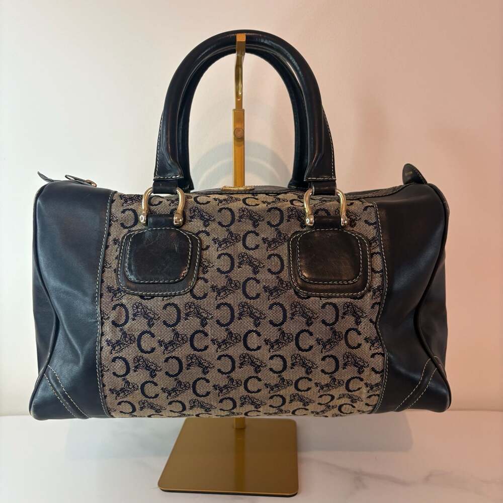 Celine Vintage C Sulky Monogram Boston Bag Navy Canvas Leather